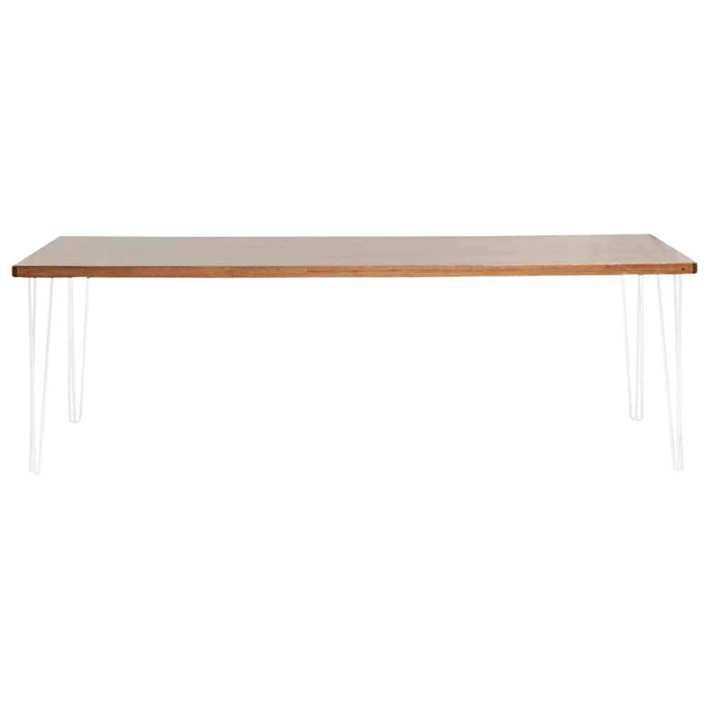hairpin-dining-table-240×105-teak-straight-white-legs