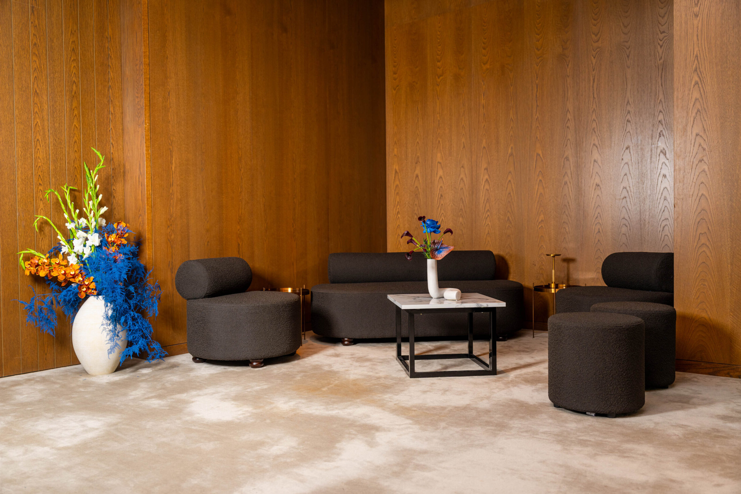 Cleo family in black, Optical 0.7M coffe table, marble:black, dalton side table